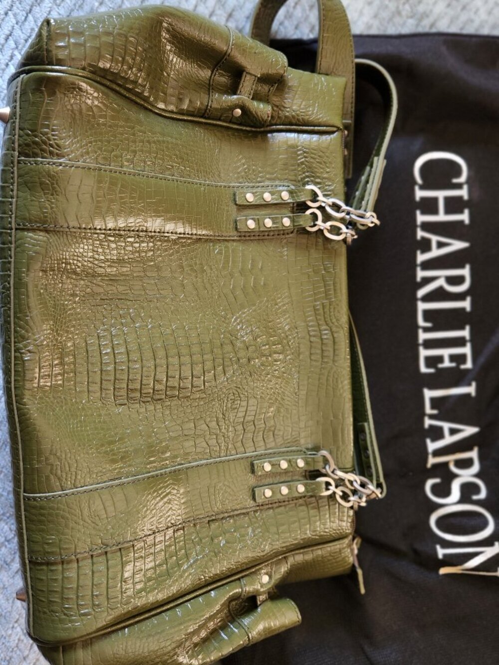 Charlie Lapson green leather crocodile embossed shoulder bag